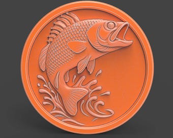 Leaping Bass Fish Coin Medallion Jumping Fish Fishing Wall Art Water Splash Relief Outdoor Lodge STL File For CNC Router 3D Printer Laser