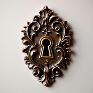 以下が含まれることがあります： 装飾的なブロンズ色の鍵穴飾り。中央に鍵穴があり、楕円形のフレームには渦巻く葉や花のモチーフが施されています。背景は無地のライトグレーです。