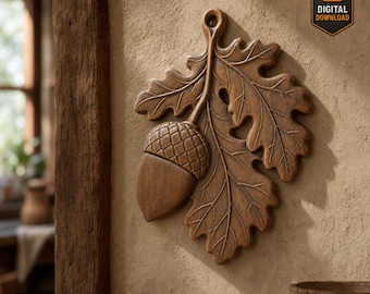 Oak Leaf and Acorn Relief STL File for CNC or 3D Printing Rustic Autumn Ornament Wall Art Pendant Wood Carving Fall Decor Digital Model