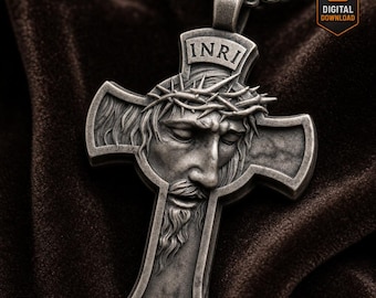 Jesus Cross Pendant Jewelry Necklace STL File Crown of Thorns INRI Relief For CNC 3D Carving Laser Engraving 3D Printing Christian Wall Art