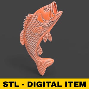 STL File For CNC Router 3D Printer Laser Personalized Bass Fish Leaping Jumping Fish Fishing Wall Art Bas Relief - Flat Back