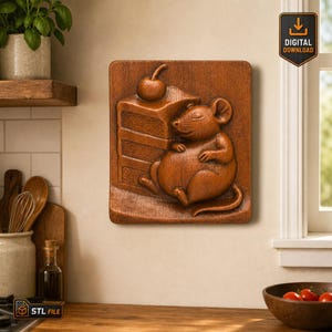 Cute Mouse STL File for CNC Router 3D Print Sleeping by Cake Mice Slice High Relief Cartoon Animal Model Nursery Decor Kitchen Wall Plaque