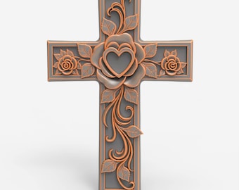 STL File Floral Cross with Heart and Rose Relief 3D Printable Model