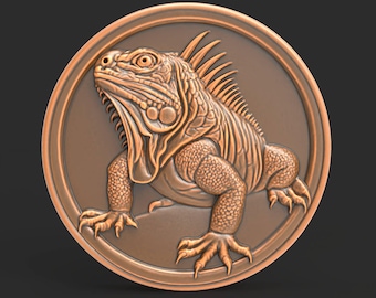 Iguana Relief Round Medallion STL File for CNC Carving 3D Printing Reptile Wall Art Digital Lizard Sculpture Resin Wood Clay Plaque