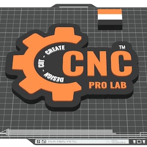 May include: A black and orange CNC Pro Lab logo with the words "CREATE", "CUT", and "DESIGN" around a gear. The logo also includes the text "CNC" and "PRO LAB". A small orange, white, and black rectangle is in the upper right corner.
