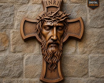 Jesus Cross STL File 3D Model Crucifix with Crown of Thorns INRI Relief for CNC Carving Laser Engraving 3D Printing Christian Wall Art