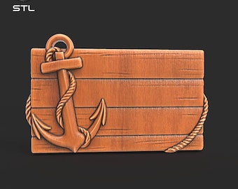 Fichier STL de signe vierge d'ancre nautique pour la sculpture CNC, impression 3D, modèle de plaque murale côtière, corde et panneau de bois pour la conception de gravure au laser