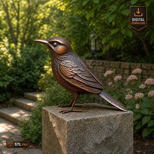 Puede incluir: Una escultura de pájaro de color bronce con detalles de plumas y ojos, posada sobre un pedestal de piedra cuadrado. El pájaro tiene un pico largo y se encuentra sobre un fondo de vegetación, lo que sugiere un entorno de jardín al aire libre. La imagen incluye un icono de "DESCARGA DIGITAL".