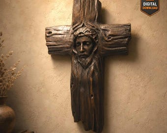 Jesus Cross STL File Rustic Wood 3D Model with Crown of Thorns INRI Relief for CNC Carving Laser Engraving 3D Printing Christian Wall Art