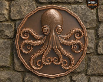 Steampunk Octopus Reliëf rond medaillon STL-bestand voor CNC Carving 3D Printing Nautical Wall Art Digital Sea Life Model