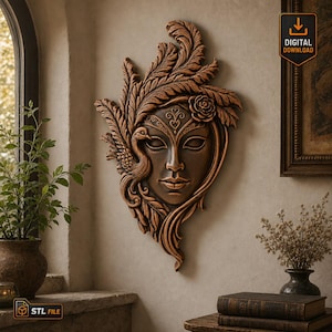 Venetian Mask Woman Relief STL File for CNC or 3D Printing Elegant Fantasy Wall Art with Feathers Rose Bird Decorative Digital Sculpture