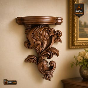 May include: A wall-mounted wooden shelf bracket featuring intricate carved scrollwork and acanthus leaf motifs. The design includes a flat top surface with horizontal molding and a tapering base with curved, ornate details in a rich brown finish.