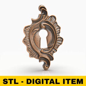 May include: Ornate bronze-colored keyhole escutcheon with a decorative, swirling design. The keyhole is oval-shaped. The text "STL - DIGITAL ITEM" is displayed in a yellow bar at the bottom.