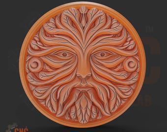 Archivo STL de medallón redondo con forma de árbol celta y hombre de hoja verde para impresión 3D CNC, tallado en madera, fundición en resina, grabado láser. Descarga digital.