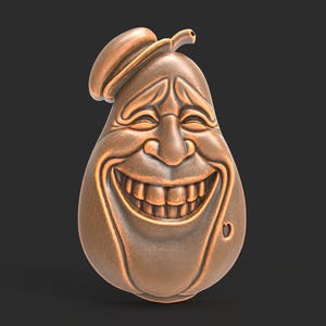 File STL con faccia di pera sorridente per CNC o stampa 3D. Divertente scultura digitale in rilievo da parete con personaggio di frutta e cappello e grande sorriso.