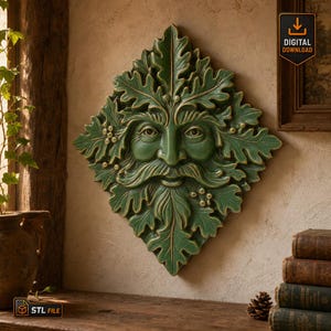 Green Man STL-bestand met eikenbladeren en bessen ruitvorm muurplaat voor CNC snijwerk 3D-print Pagan Forest Face Nature Spirit Decor