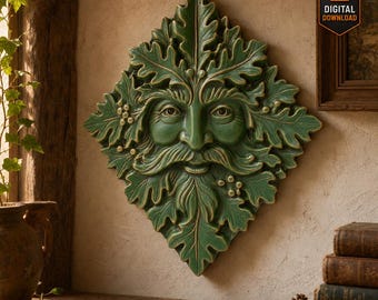 Archivo STL de Hombre Verde con hojas de roble y bayas, placa de pared en forma de diamante para tallado CNC, impresión 3D, rostro de bosque pagano, decoración de espíritus de la naturaleza.