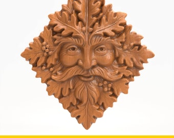 Green Man STL File – Diamond Oak Leaf Forest Face Relief – 3D CNC or 3D Print Wall Plaque Model