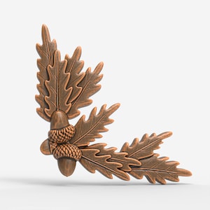 Op de afbeelding: Een bronzen hoekaccentstuk met eikenbladeren en eikels. Het decoratieve element heeft gedetailleerde nerven op de bladeren en getextureerde eikeldoppen. Het ontwerp is waarschijnlijk voor woondecoratie of knutselprojecten.
