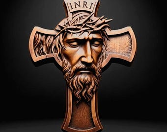 Jesus Cross STL File 3D Model Crucifix with Crown of Thorns INRI Relief for CNC Carving Laser Engraving 3D Printing Christian Wall Art