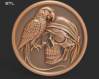 Pirate Skull STL File for CNC 3D Printing Round Medallion With Parrot Eyepatch Bandana Nautical Skull Art Sea Pirate Wall Decor Carving