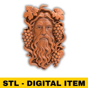 Wine God Sculpture Green Man Pagan Grapevine STL File Vineyard Nature Spirit Relief Wall Plaque for CNC Carving or 3D Printing