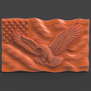 Eagle American Flag 3D STL Model Flying Eagle Over Flag – USA Patriotic Plaque Relief Waving Flag Sculpture Digital Download File 3D
