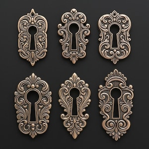 May include: Six antique bronze keyhole covers with ornate, swirling designs. Each cover features a keyhole shape in the center, surrounded by detailed scrollwork and decorative elements. The keyhole covers are arranged on a dark background.