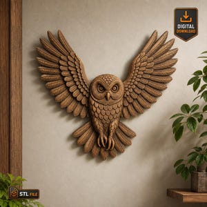 Flying Owl with Spread Wings STL File High Relief Bird Sculpture for CNC Carving 3D Print Wildlife Wall Art Rustic Forest Animal Decor