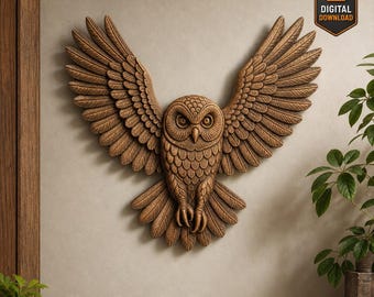 Flying Owl with Spread Wings STL File High Relief Bird Sculpture for CNC Carving 3D Print Wildlife Wall Art Rustic Forest Animal Decor