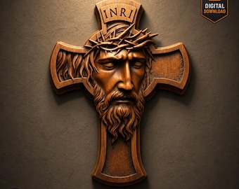 Jesus Cross STL File 3D Model Crucifix with Crown of Thorns INRI Relief for CNC Carving Laser Engraving 3D Printing Christian Wall Art