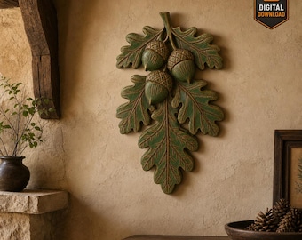 Oak Leaf STL Acorn Floral Wall Panel STL File For Wood Carving High Relief Botanical Panel CNC Carving 3D Printing – Rustic Woodland Decor
