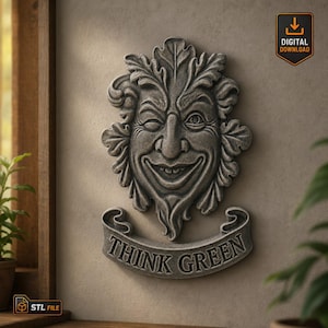 Think Green Man Face Wall Plaque STL File with Leaf Hair and Banner for CNC Carving Garden Decor Resin Clay Mold 3D Print Relief Design