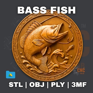 STL File For CNC Router 3D Printer Laser Personalized Bass Fish Leaping Medallion Jumping Fish Fishing Wall Art Splash Relief Outdoor Lodge