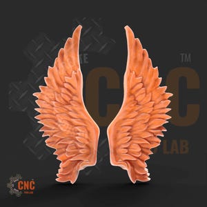 May include: A pair of orange, detailed, wooden angel wings. The wings are symmetrical and have a feathery texture.