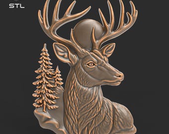 Hertenkop reliëf STL-bestand voor CNC-snijwerk 3D-printen Rustiek gewei Dennenboom Maan Wildlife Wall Art Lodge Natuurcabine Lasergravure