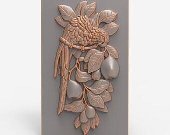 STL File Parrot and Fruit Branch 3D Printable Relief for FDM Printing