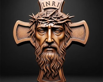 Jesus Cross STL File 3D Model Crucifix with Crown of Thorns INRI Relief for CNC Carving Laser Engraving 3D Printing Christian Wall Art