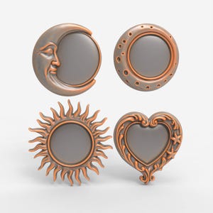 Sun and Moon Dollhouse Mirror Frame Set STL 4 Miniature Moon Heart Round Mirror Frames for CNC 3D Printing