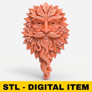 May include: A coral-colored, stylized Green Man face sculpture with a leafy crown, grapes, and a flowing beard. The sculpture has a detailed, textured surface. The text "STL - DIGITAL ITEM" is displayed in a yellow banner at the bottom.
