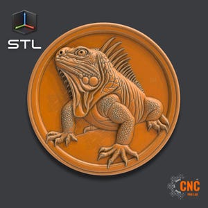 May include: A detailed 3D model of an iguana, rendered in a realistic style. The iguana is depicted in a sitting pose with its mouth slightly open, showcasing its teeth. The model is rendered in a warm orange colour, giving it a realistic appearance.
