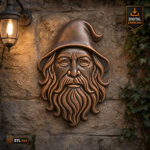 Wizard Face Relief STL File for CNC or 3D Printing Bearded Old Man with Hood Fantasy Wall Art Sculpture Mystical Forest Spirit Digital Model