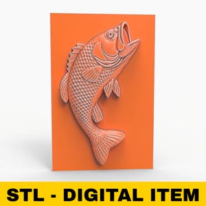 Jumping Bass Fish STL File for CNC Relief Carving 3D Printing or Laser Engraving Wall Art Panel Model for Cabin Lake House Rustic Decor