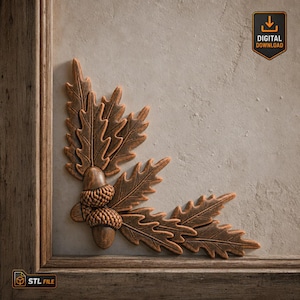 Oak Leaf STL Corner Applique Acorn Floral Wall Panel STL File For Wood Carving High Relief CNC Carving 3D Printing – Rustic Woodland Decor