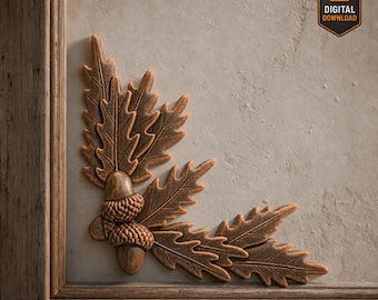 Oak Leaf STL Corner Applique Acorn Floral Wall Panel STL File For Wood Carving High Relief CNC Carving 3D Printing – Rustic Woodland Decor