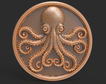 Steampunk Octopus Relief Medallion STL File for CNC Carving 3D Printing Nautical Wall Art Digital Gear Tentacle Model Resin Clay Mold