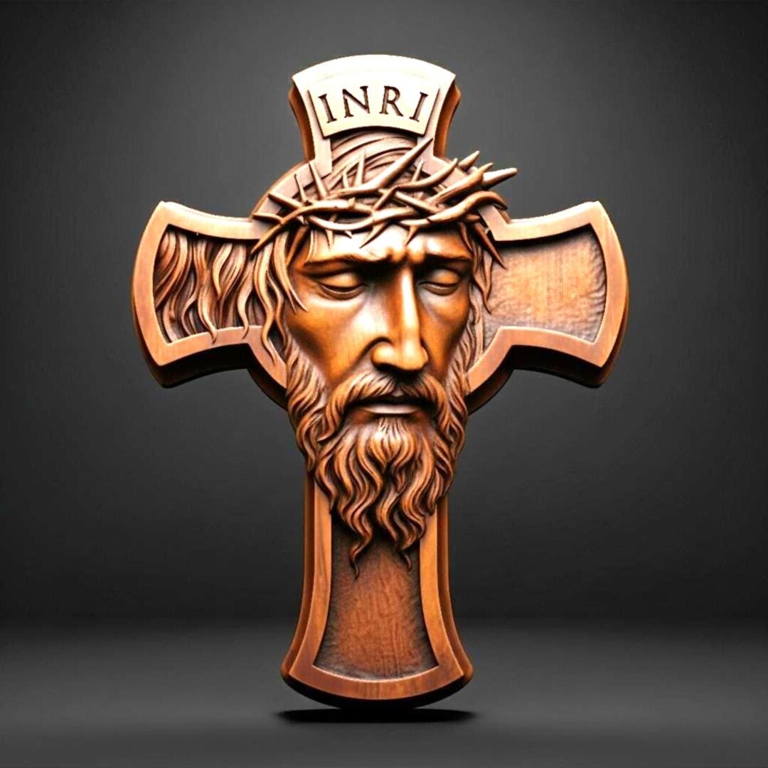 Jesus Cross STL File 3D Model Crucifix With Crown of Thorns INRI Relief ...