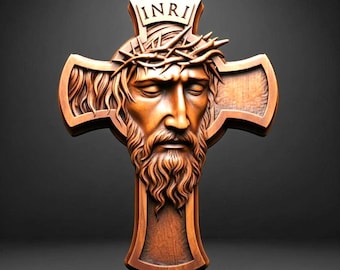 Jesus Cross STL File 3D Model Crucifix with Crown of Thorns INRI Relief for CNC Carving Laser Engraving 3D Printing Christian Wall Art