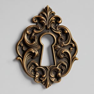 以下が含まれることがあります： 暗いブロンズ仕上げと金色のハイライトが施された、装飾的なアンティークスタイルのキーホールカバー。装飾品は、精巧な渦巻き模様の花柄と葉柄に囲まれた鍵穴の形をしています。クラシックでヴィンテージにインスパイアされた家の装飾アイテム。