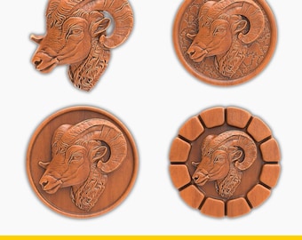 Ram Head STL File Set Aries Pendant – 3D Relief Sculpture in 4 Styles for CNC & 3D Printing – Mountain Animal Carving Medallions